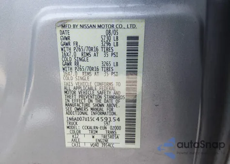 2005 Nissan Frontier Se z USA, uszkodzony, nr VIN 1N6AD07U15C459154